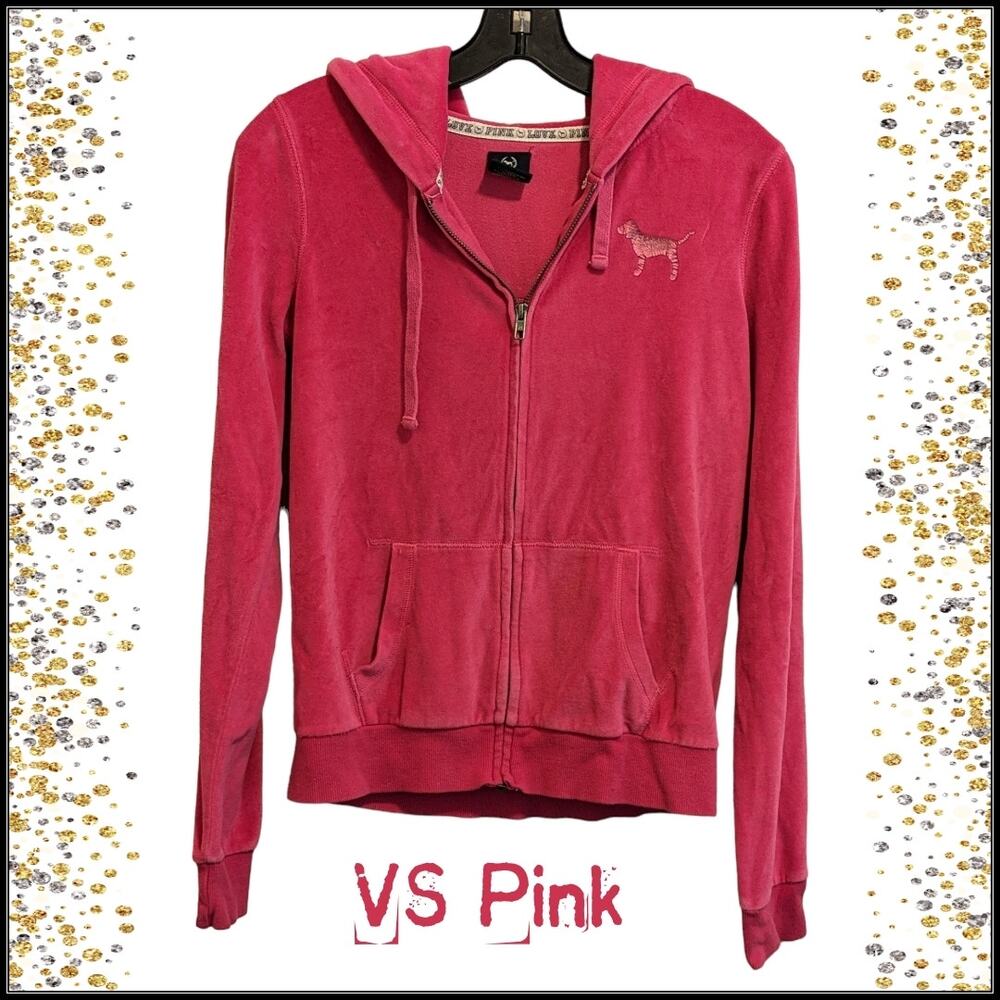 Victoria's Secret PINK Velour Zip Up Love Pink Sequin Hoodie Sweatshirt Dog S